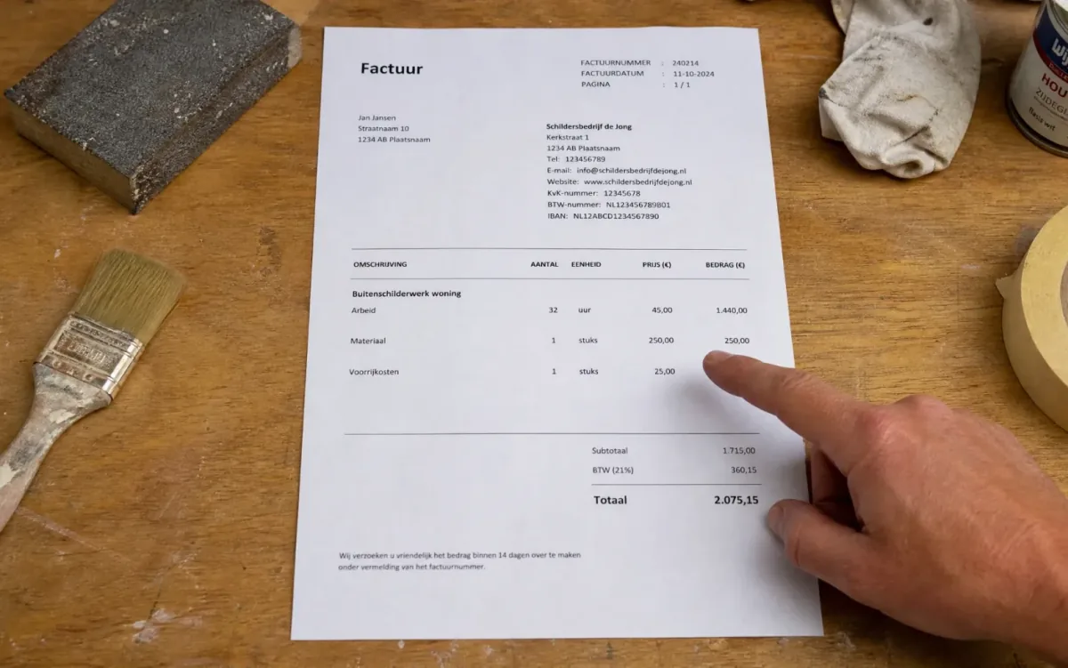 Schilder wijst op een factuur op de werkbank, tussen kwast, schuurblok en tape