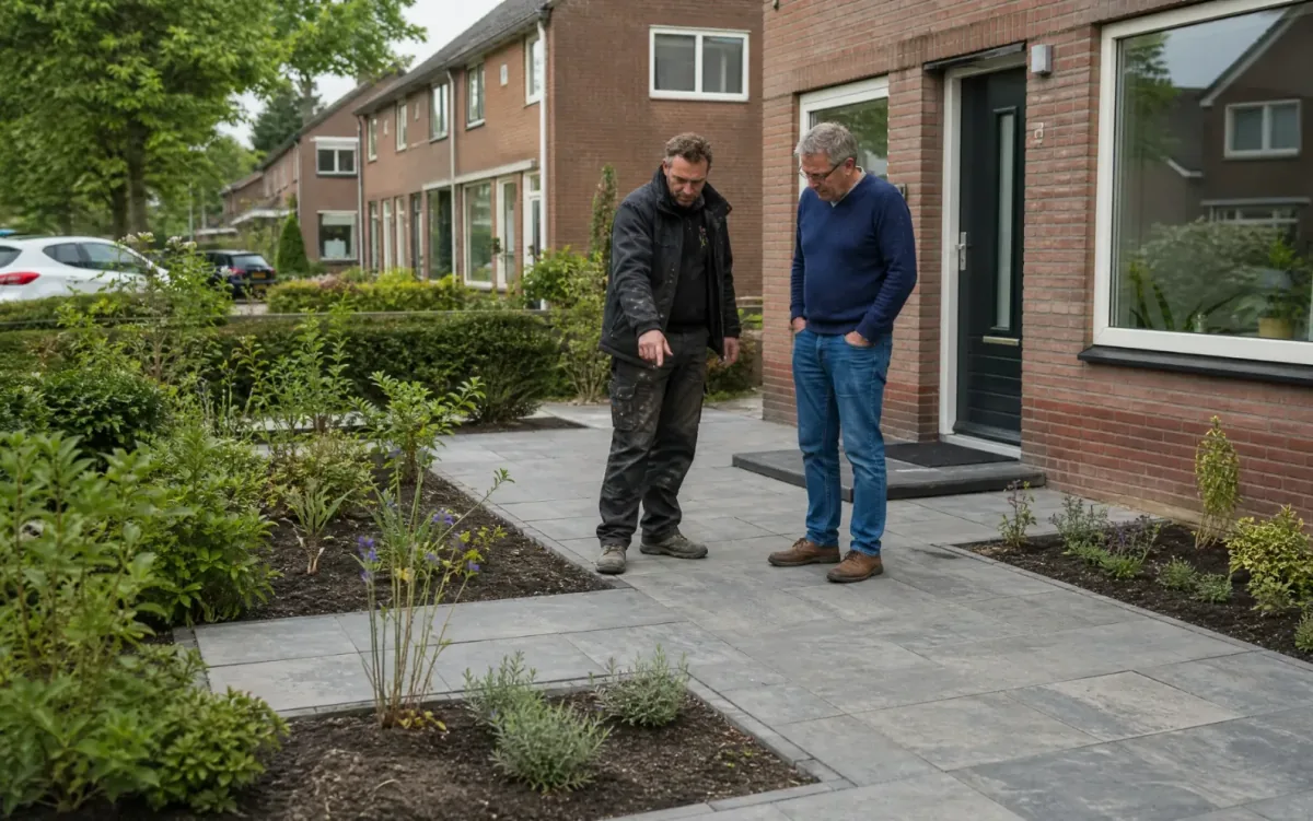 Hovenier loopt met de klant het opgeleverde werk in de voortuin na