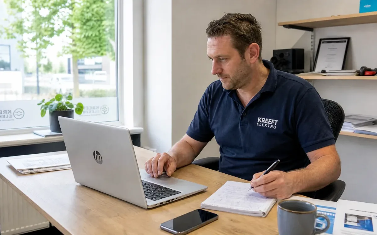 Elektricien werkt op kantoor aan de laptop en maakt aantekeningen
