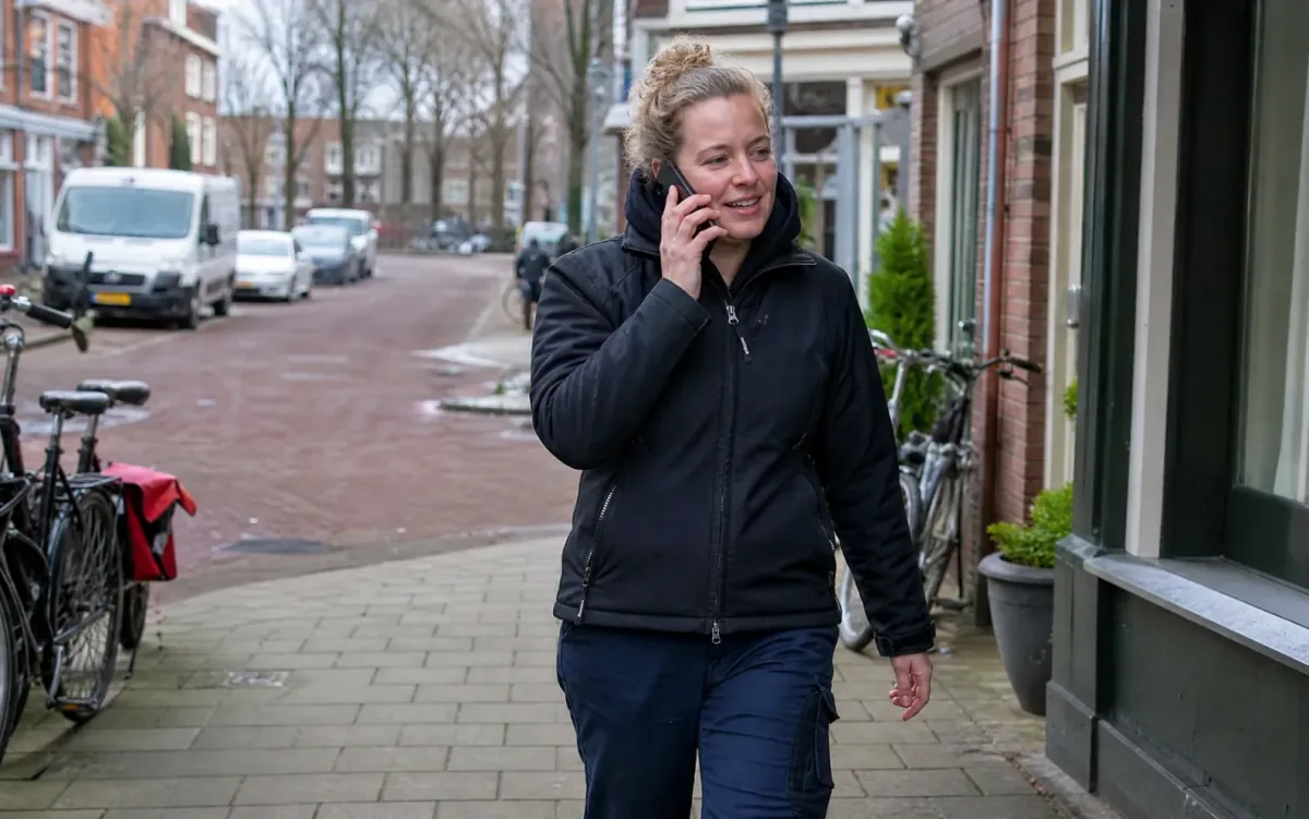 Vakvrouw belt al lopend op straat met een klant