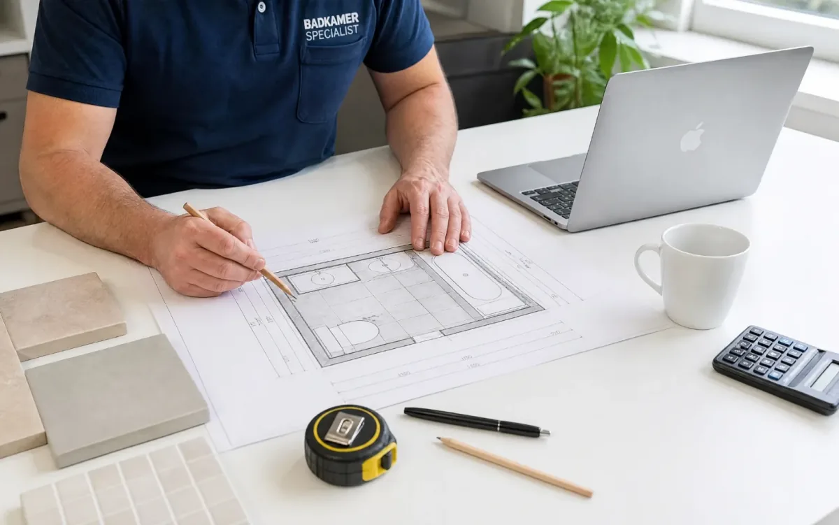 Badkamerspecialist werkt aan tafel een offerte uit met plattegrond, rolmaat en rekenmachine