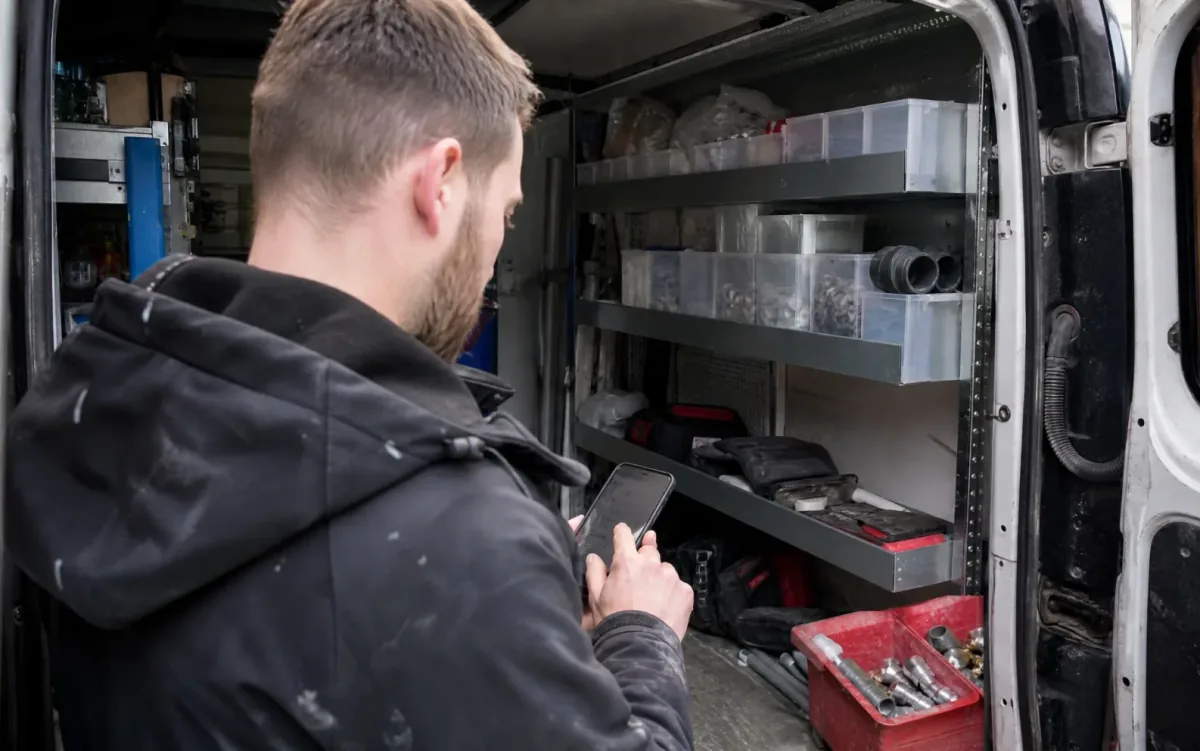 Monteur staat bij de open achterdeur van zijn bus met het materiaal en bekijkt zijn telefoon