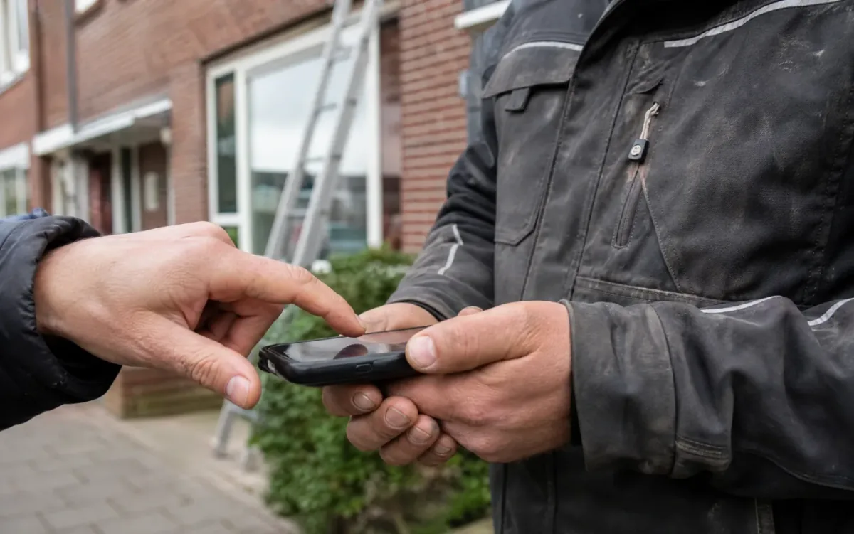 Klant zet bij de voordeur met een vinger een handtekening op de telefoon van de schilder