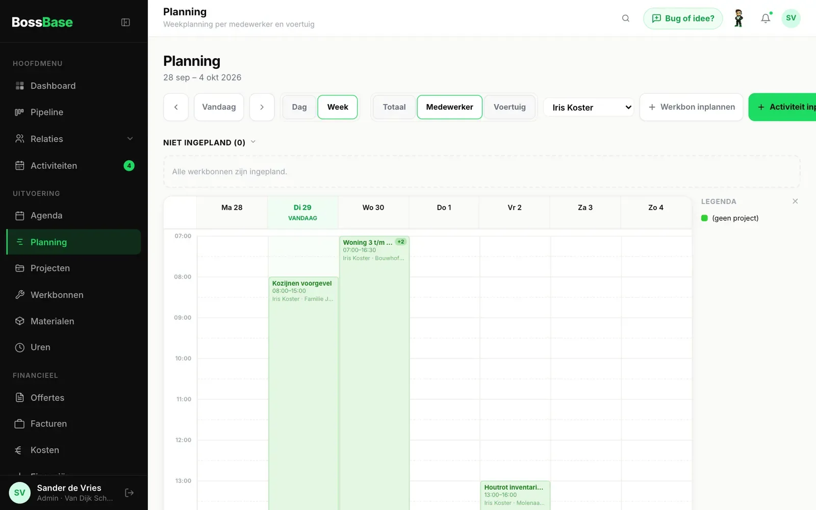 Weekplanning per medewerker in BossBase