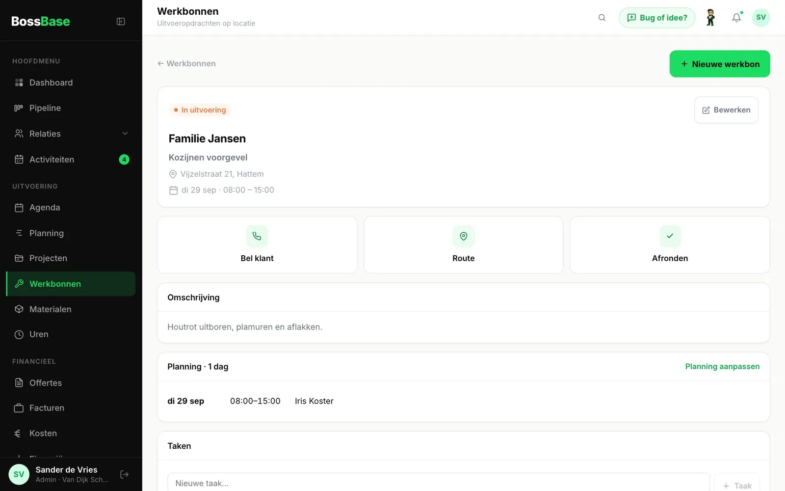 Een werkbon in BossBase, met fictieve klant en klus